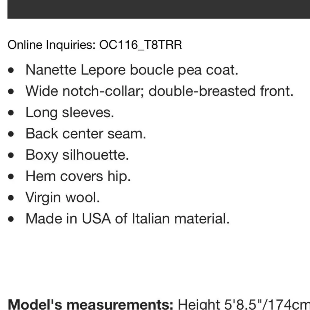 Nanette Lepore Boucle 100% Wool Peacoat XS